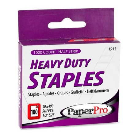 ACCENTRA PaperPro® Heavy Duty Staples, 100 Sheet Capacity, 1/2" Leg Length, 100 Per Strip, 1000/Box 1913